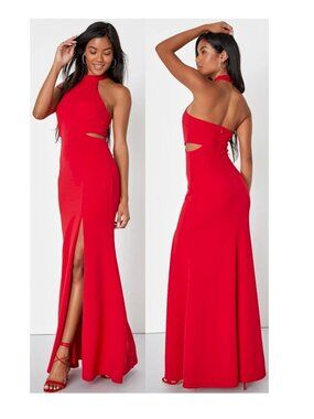 Lulus Red Midnight Affair Cutout Halter Maxi Dress Size XS NWOT